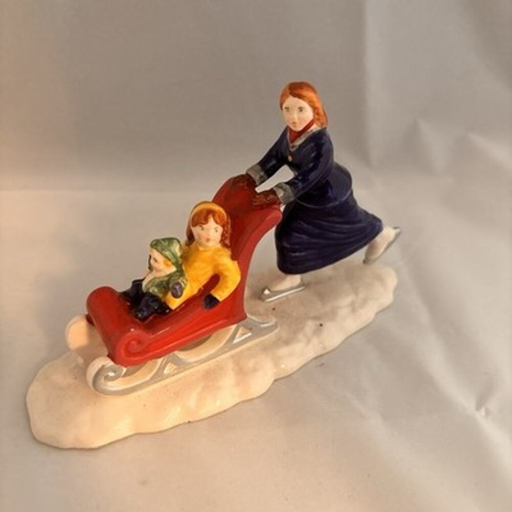 Dept 56 Winter Village Mother Children Sledding Porcelain Figurine 5” Christmas